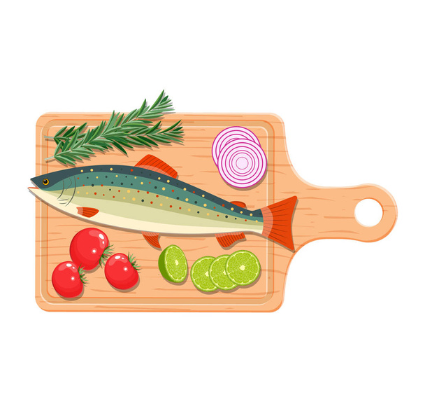 Συστατικά και καρυκεύματα για το μαγείρεμα των ψαριών. - Διάνυσμα, εικόνα