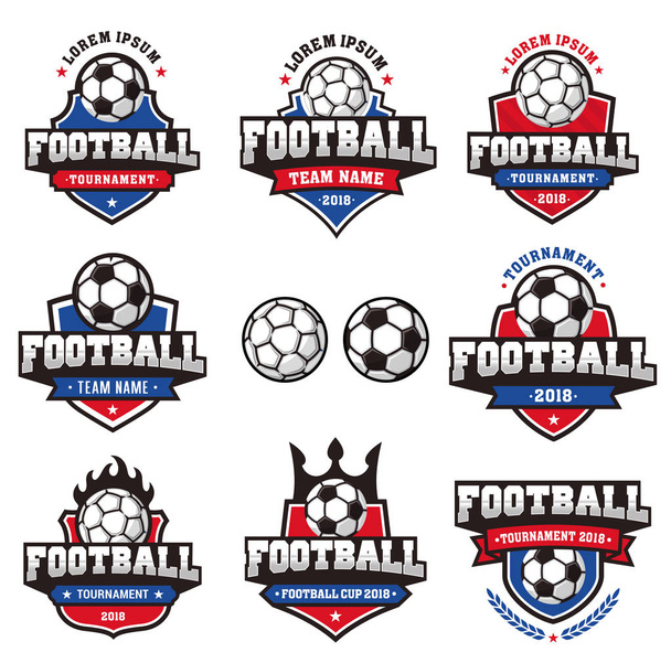 8 つの赤と青のコレクションと白のフットボールまたはサッカーのベクトルのロゴと 2018年サッカー トーナメントやカップの徽章 - ベクター画像