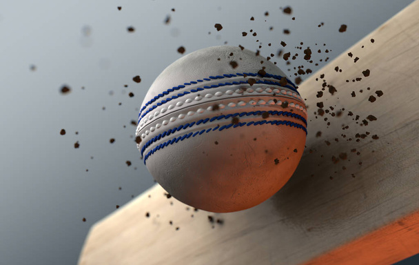 Un primer plano extremo captura de acción en cámara lenta de una pelota de cricket blanca golpeando un bate de madera con partículas de suciedad que emanan sobre un fondo aislado oscuro - 3D rende
 - Foto, Imagen