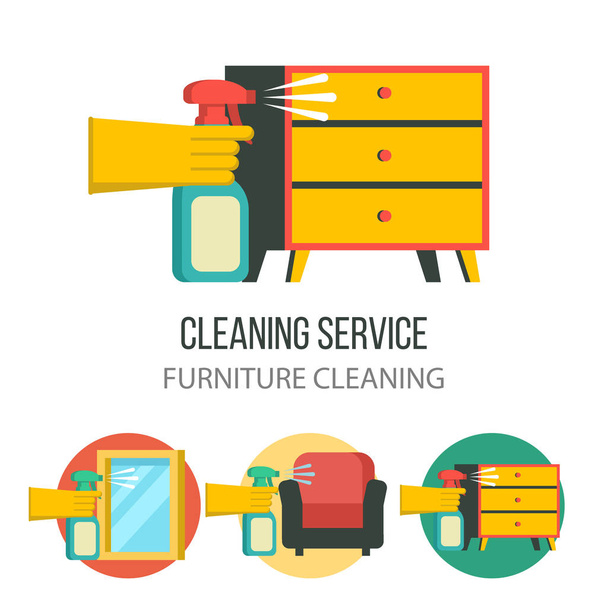 Cleaning service. A hand in a rubber glove holds a sprayer aimed at the dresser. Set of vector icons. Cleaning the furniture. Washing of glasses and mirrors. - Vector, Image