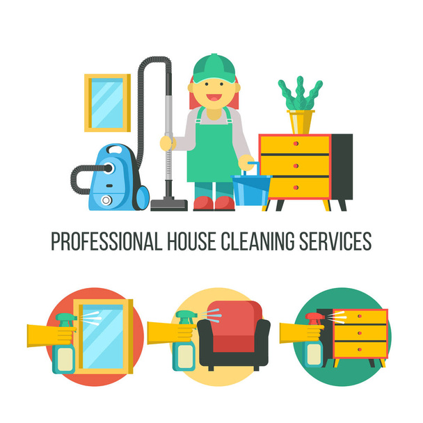 Cleaning service. Vector emblem. Cleaning icon set. The maid with a vacuum cleaner and a bucket. Professional house cleaning. - Vector, Image
