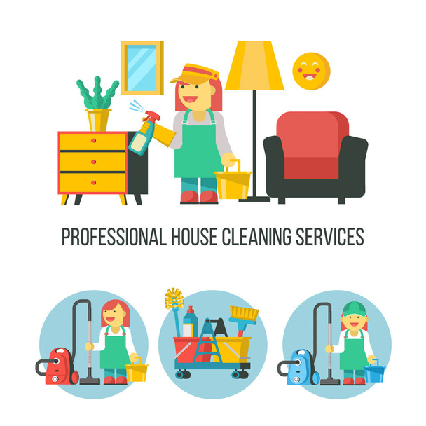 Cleaning service. Vector emblem. Cleaning icon set. A maid with a bucket and a spray. Professional house cleaning. - Vector, Image