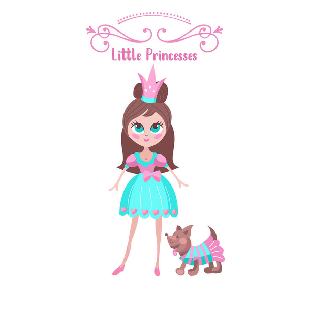 Leluja pikku prinsessoille. Joukko vektoriosia. Kaunis tyttö kävelee pienen koiransa kanssa pukeutuneena
. - Vektori, kuva