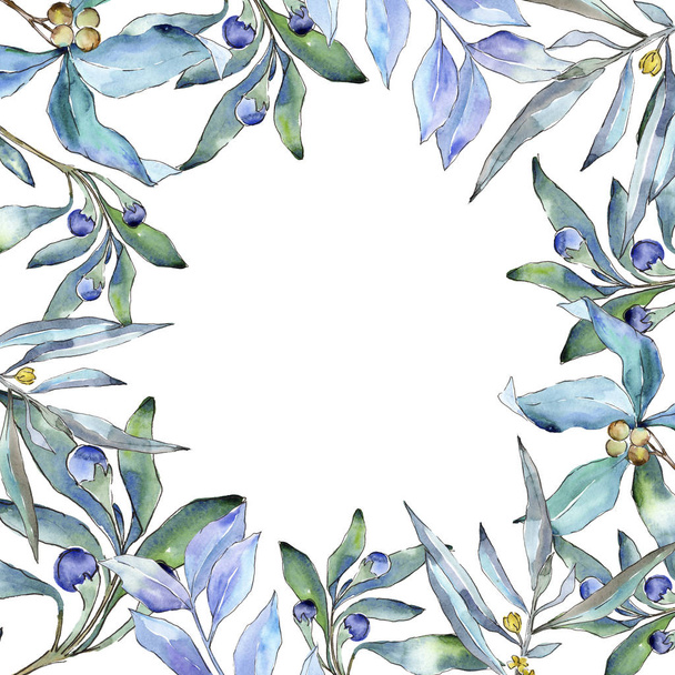Blue elaeagnus leaves in a watercolor style. Frame border ornament square. Aquarelle leaf for background, texture, wrapper pattern, frame or border. - Foto, imagen