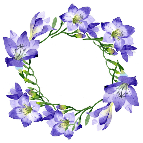 Paarse fresia's. Floral botanische bloem. Frame grens ornament vierkant. Aquarelle wildflower voor achtergrond, textuur, wrapper patroon, frame of rand. - Foto, afbeelding
