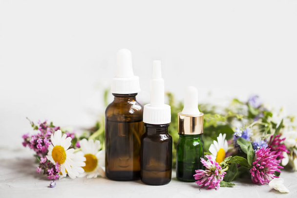 Frascos de aceites esenciales con plantas medicinales y flores. Aceites esenciales de aromaterapia
 - Foto, imagen