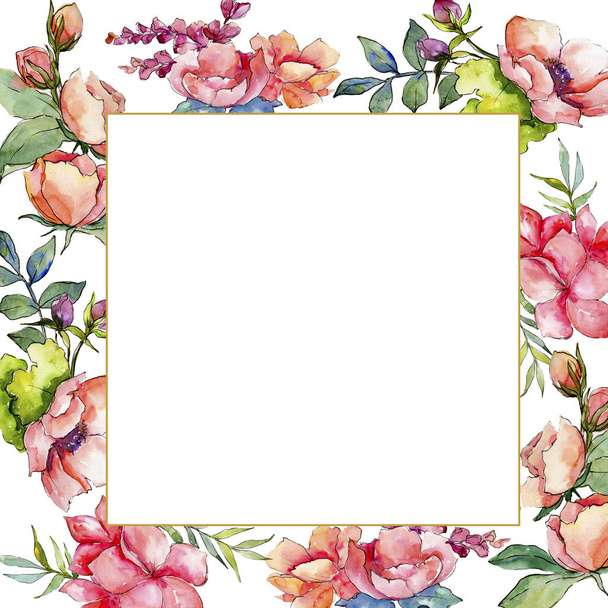 Pink bouquet wildflower. Frame border ornament square. Aquarelle wildflower for background, texture, wrapper pattern, frame or border. - Photo, Image