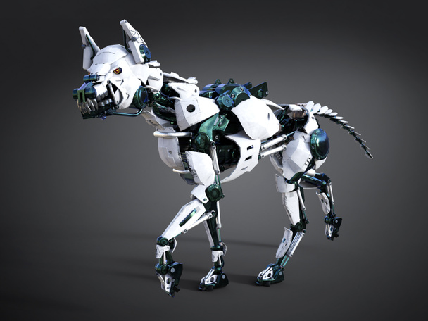 Rendering 3D di un ringhio futuristico cane robot dall'aspetto medio. Sfondo scuro
. - Foto, immagini