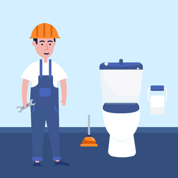 Υδραυλικός εργάτης σε τουαλέτα βρύση επισκευή. Σχεδίαση φιλική εργαζόμενος, επαγγελματικός handyman. - Διάνυσμα, εικόνα