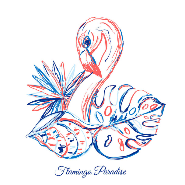 Zomer flamingo design met tropische verlaat - Vector, afbeelding