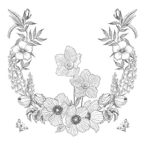 Vintage frame border monogram floral ornament with butterfly. Engraved retro flower decorative design. Beautiful botanical decorative element for wedding invitation, logo. Vector design - Vecteur, image