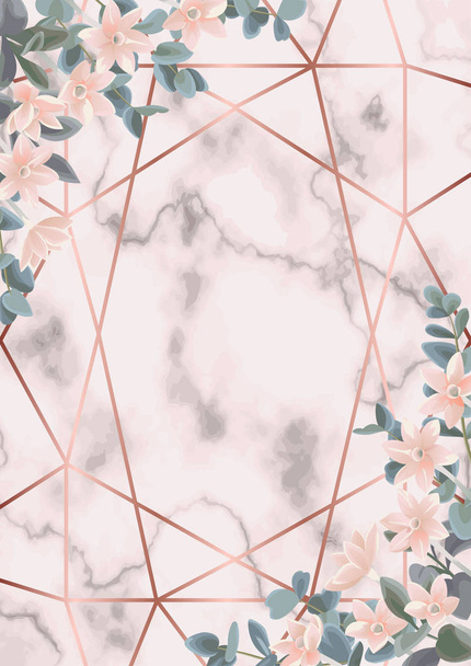 Ροζ μάρμαρο και το γεωμετρικό υπόβαθρο με ευκάλυπτο και λουλούδια - Διάνυσμα, εικόνα