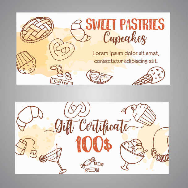 Pastry gift voucher. Bakery horizontal banners with pastries. Sweet pastry, cupcakes, dessert posters with chocolate cake, sweets Hand drawn sketch. Vector - Vektor, obrázek