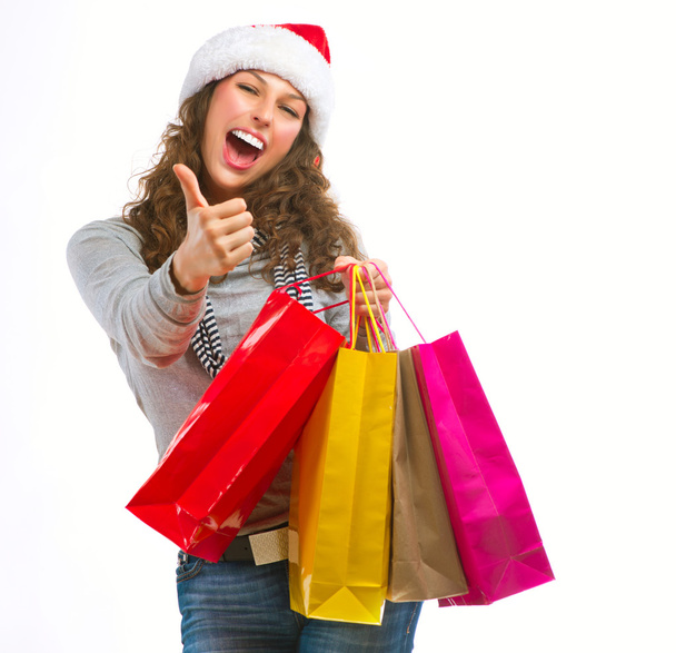Christmas Shopping. Woman with Bags over White. Sales - Fotoğraf, Görsel