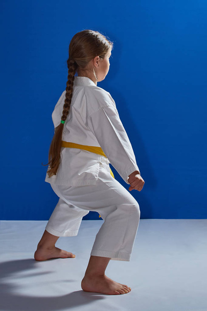 Dans karategi la sportive se tient dans un support de karaté
 - Photo, image