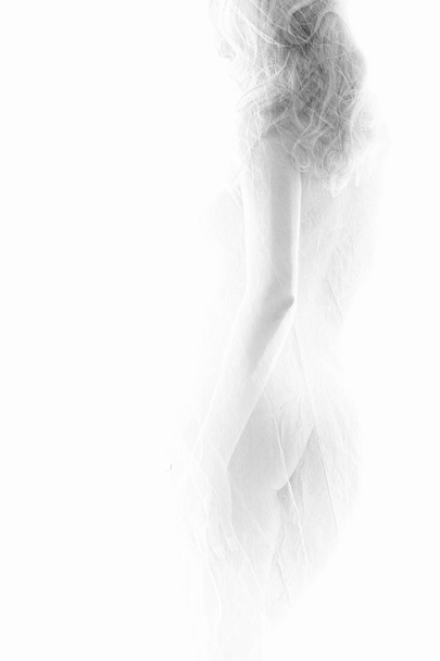 Sensual sexy look de bela figura menina sob um esconderijo no tecido de luz no fundo branco brilhante
. - Foto, Imagem