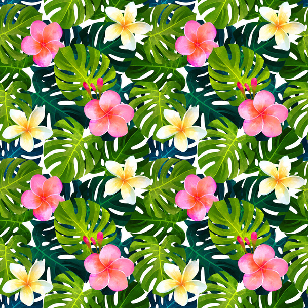 tropische nahtlose Muster mit Bouquet von Monstera-Blättern, Hibiskus, Plumeria. Modische Pflanzenillustration. Sommer-Hintergrund. es ist perfekt für Textil- und Packpapier. - Foto, Bild