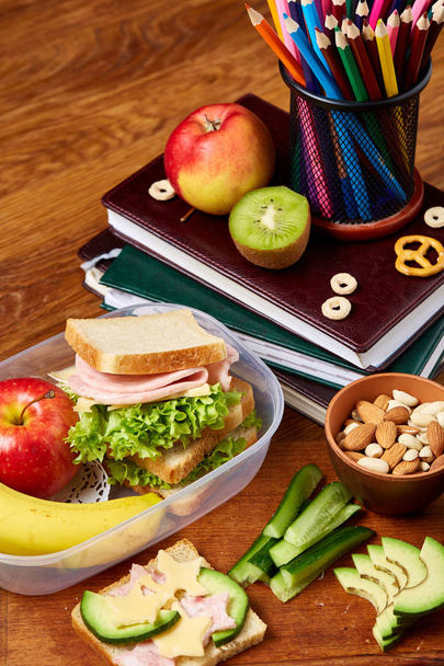 Healthy eating kids menu on school lunch background, shallow depth of field, close-up. - Foto, imagen