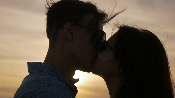 Giovane coppia si abbracciano romanticamente sulla costa del Mar Nero al tramonto Profilo di una bella giovane donna che fa un bacio eschimese con il suo Hulk sulla spiaggia del Mar Nero in un meraviglioso tramonto con un percorso solare in estate
 - Filmati, video