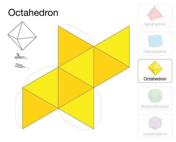 Oktaeder platonische feste Schablone. Papiermodell eines Oktaeders, eines von fünf platonischen Körpern, um aus dem gelben Dreiecksnetz eine dreidimensionale Bastelarbeit zu machen. - Vektor, Bild