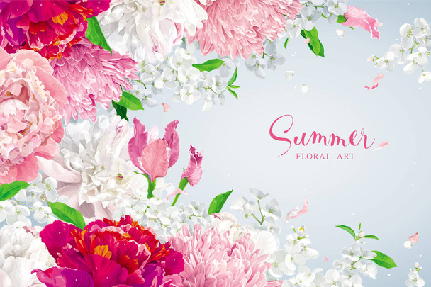 Summer vintage floral vector background with blooming Chrysanthemums, Hydrangeas, Peonies and Apple blossom, garden flowers in watercolor style for invitations, cards, weddings, birthday, holidays. - ベクター画像