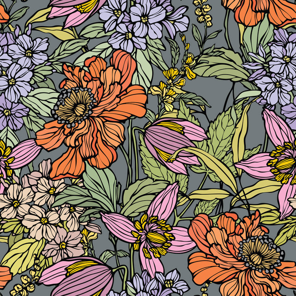 Seamless pattern with flowers poppy and hydrangea - Διάνυσμα, εικόνα