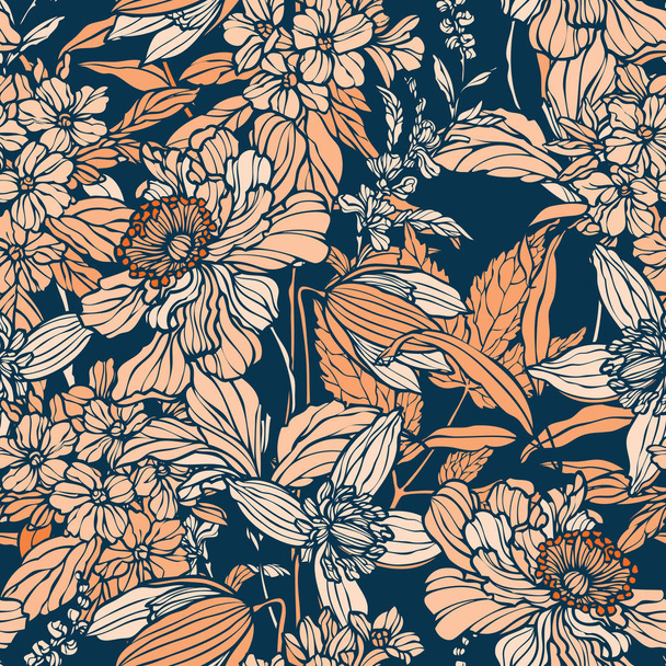 Seamless pattern with flowers poppy and hydrangea - Vektör, Görsel