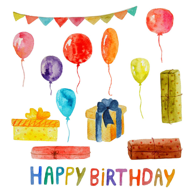 Watercolor happy birthday objects. Presents balloons, garland on a transparent background. - Photo, Image