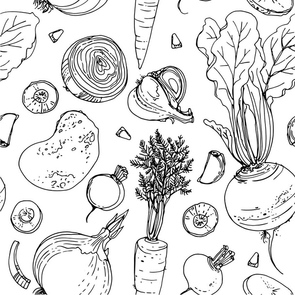 Wzór malowane kolorowe warzywa linię narysowaną na białym  - Wektor, obraz
