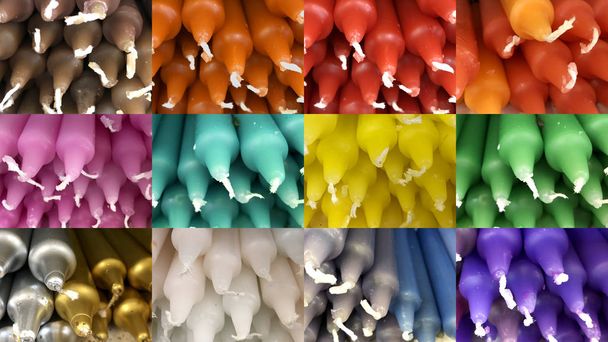Bilder von zylindrischen Kerzen in verschiedenen Farben: weiß, blau, grün, rot, gelb - Foto, Bild