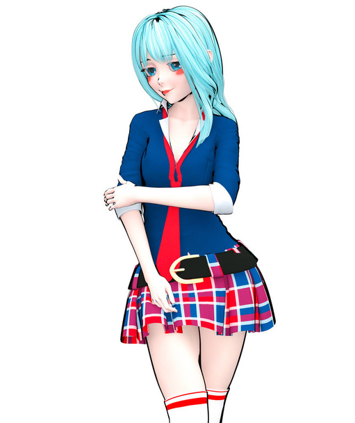 3D sexy anime doll japanese anime schoolgirl big blue eyes and bright makeup. Skirt cage. Cartoon, comics, sketch, drawing, manga illustration. Conceptual fashion art. Seductive candid pose. - Foto, immagini
