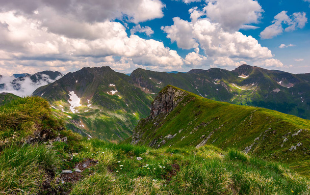 collina erbosa su scogliere rocciose dei monti Fagaras. bellissimo paesaggio estivo dei Carpazi meridionali, Romania
 - Foto, immagini