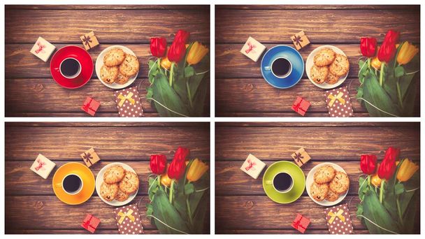 букет тюльпанів і чашка кави з печивом
 - Фото, зображення