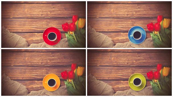four images with tulips bouquet and cup of coffee - Photo, Image