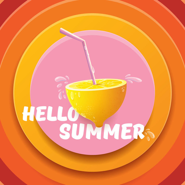 Vector Hello Summer Beach Party Flyer Design template with fresh lemon isolated on abstract circle orange background. Hello summer concept label or poster with orange fruit and typographic text. - Vektor, Bild