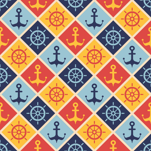 Maritime mood, Seamless nautical pattern with steering wheels and anchors, vintage style - Vector, Imagen