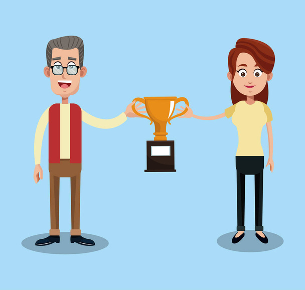 Old man and young woman with trophy - Vector, Image