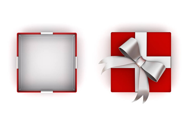Boîte cadeau rouge ouverte ou boîte cadeau avec noeud en ruban argenté et espace vide dans la boîte isolée sur fond blanc avec couvercle. rendu 3D
. - Photo, image