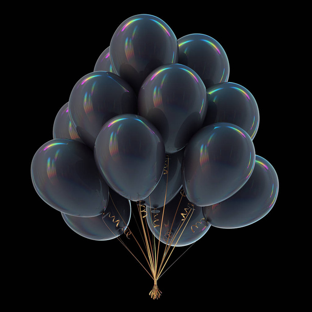 Black party balloons bunch colorful. Happy birthday celebrate decoration. Dark festive helium balloons. 3d illustration, isolated on black background - 写真・画像