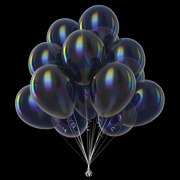 Colorful balloons black carnival, party decoration glossy. Happy birthday helium balloon bunch dark festive. Holiday, anniversary, celebration background. 3d illustration, isolated on black - Photo, image