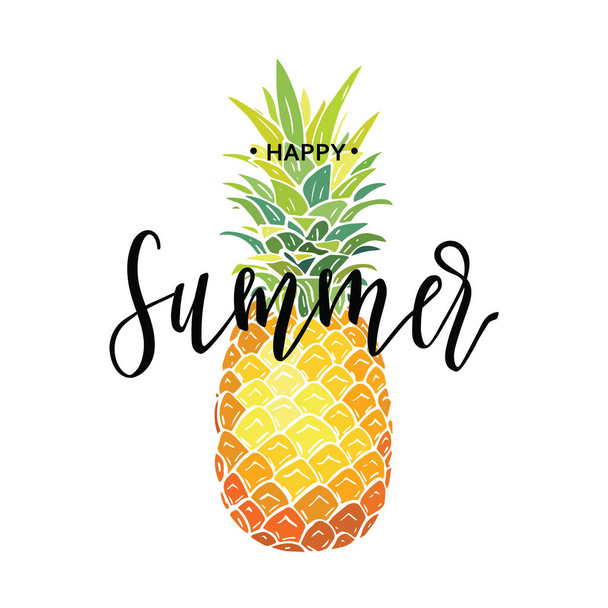 Счастливая летняя надпись на фоне ананасов. Векторная иллюстрация. Рисунок
 - Вектор,изображение