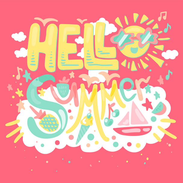 Ciao Summer Concept con frutta, gelato, fenicotteri, yacht e sole. Vettore
 - Vettoriali, immagini