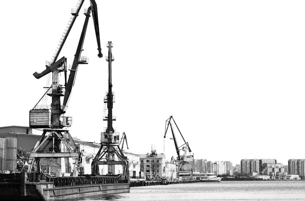 De oude lossen kranen in de haven. Contrasterende zwart-wit foto. Gebouwen en huizen op de achtergrond - Foto, afbeelding