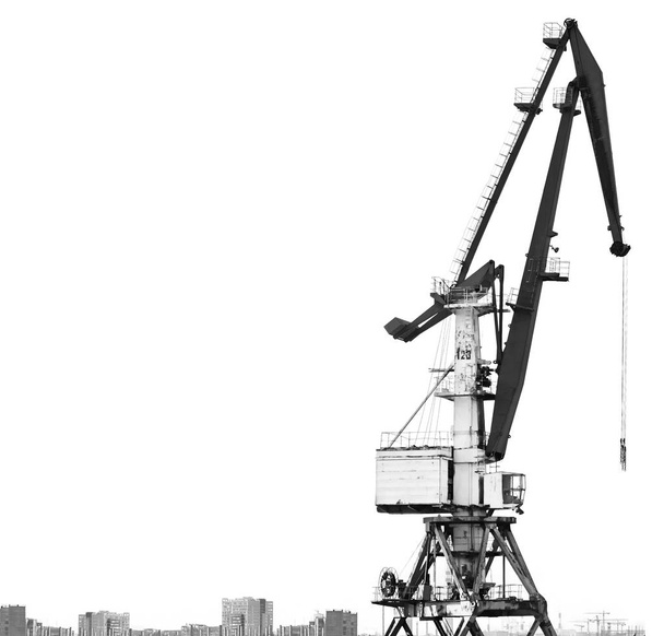 Old Harbor crane isolated on white background. The outline of buildings and houses. Contrasting black-and-white photo with free space - Photo, Image