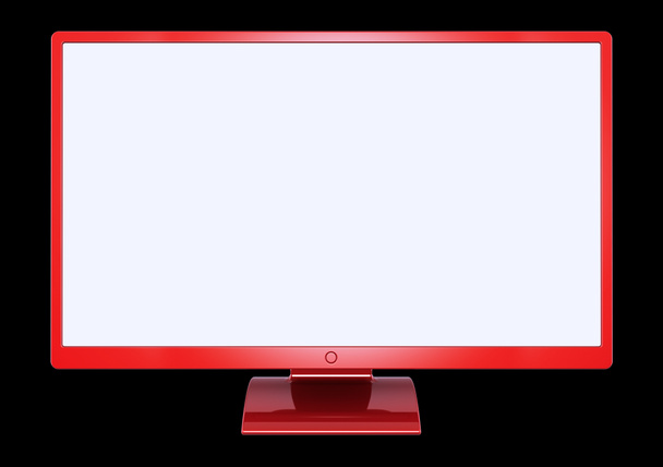 Kırmızı bilgisayar monitörü, düz ekran geniş boş boş, masaüstü Lcd Tv Tanıtım ekranı. 3d illüstrasyon izole siyah üzerine, - Fotoğraf, Görsel