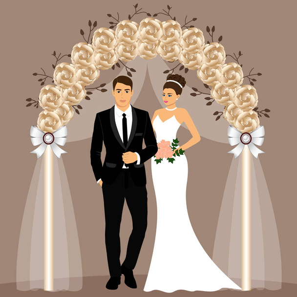 Menyasszony és a vőlegény az esküvő ív. - Vektor, kép