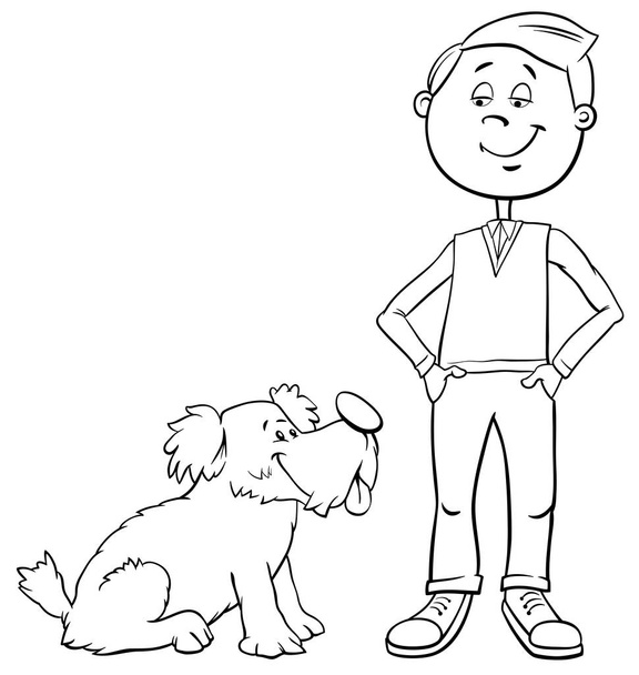 Ilustración de dibujos animados en blanco y negro de niño con lindo perro o cachorro para colorear libro
 - Vector, imagen