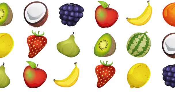 Motion Graphic met vruchten loopbare achtergrond / animatie van een 2d motion graphics voedsel achtergrond, met verschillende vruchten twirling en in-en uitfaden - Video