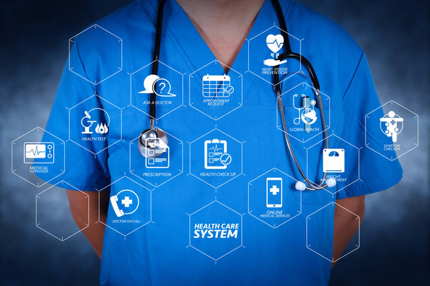 Diagrama do sistema de saúde com verificação de saúde e sintoma no dashboard.smart VR médico e tecnologia como conceito médico
 - Foto, Imagem