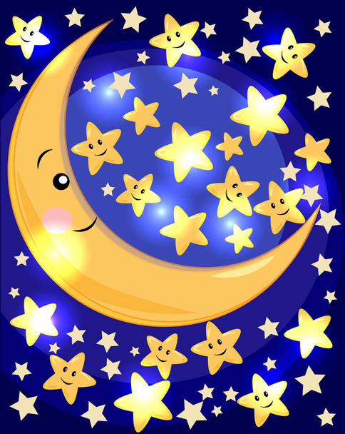 Half moon vector concept. Crescent and stars illustration. Night time background - Vetor, Imagem
